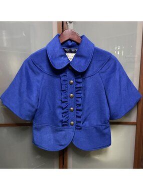 Alice Temperley Target Small Blue Wool Ruffle Cropped Bolero Jacket Button Up